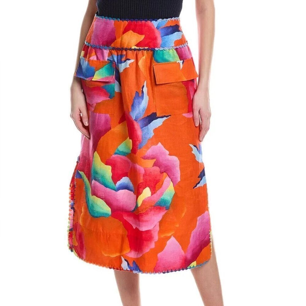 Farm Rio Hombre Chita floral linen midi Aline skirt w/crocheted details sz S NWT